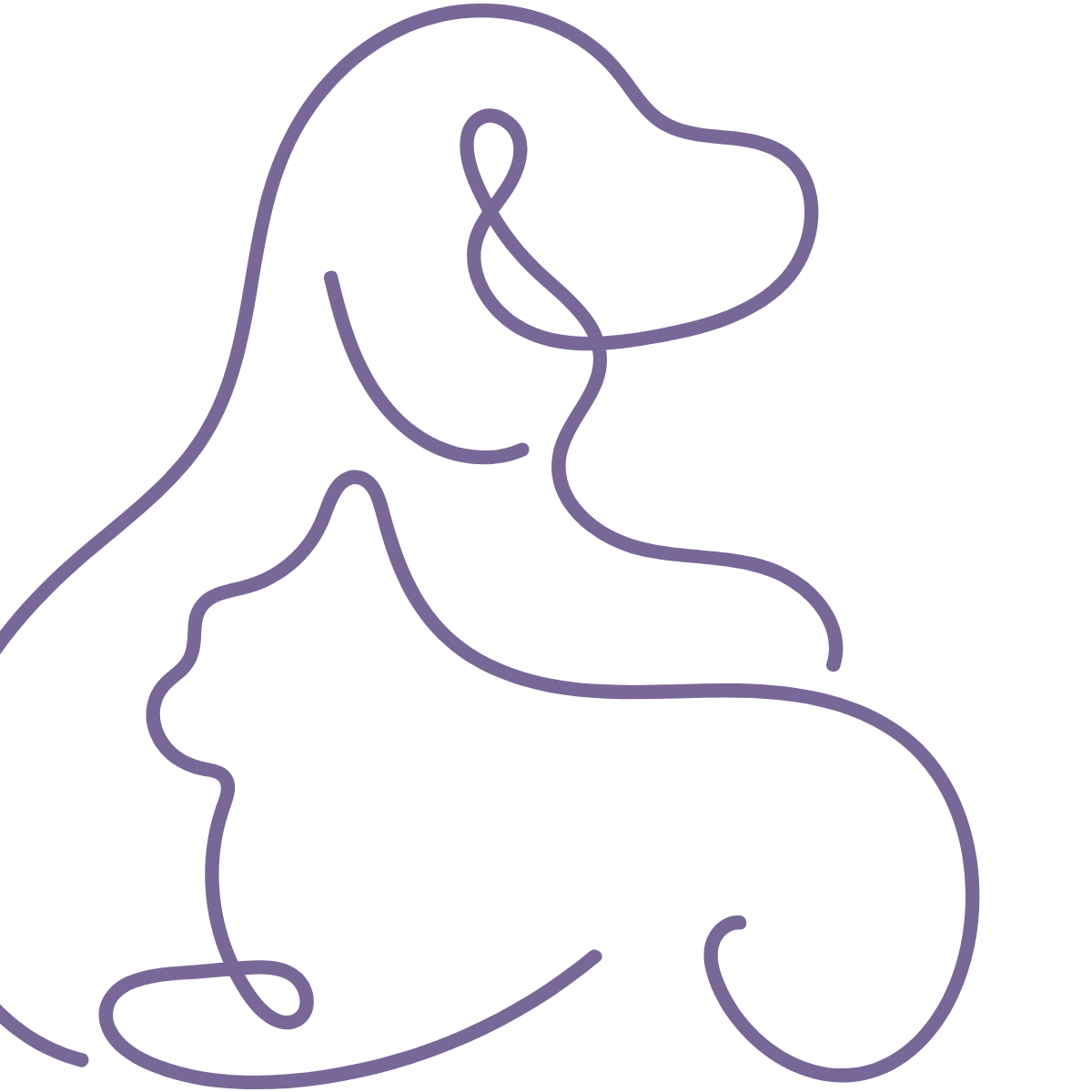 purple line art of a dog and cat cuddling together - cropped on left side