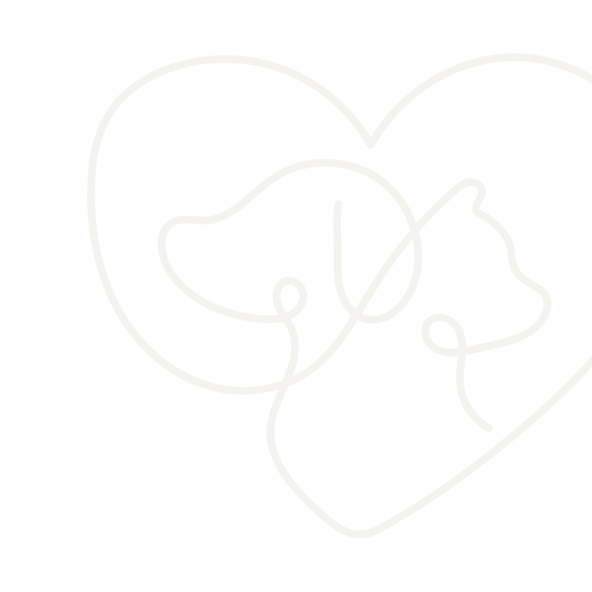light taupe line art of a dog and cat inside of a heart - cropped on right side
