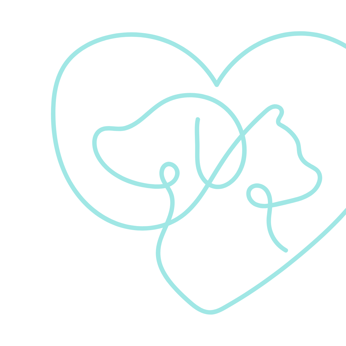 turquoise line art of a dog and cat inside of a heart - cropped on right side