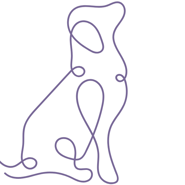 purple line art of fluffy sitting dog facing to the right and cropped on the left