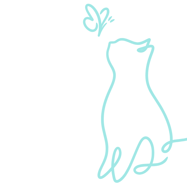 turquoise line art of a cat chasing a butterfly and facing to the left